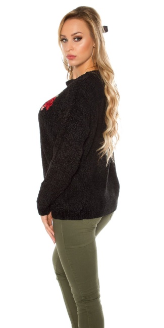 Trendy gebreide sweater-trui met bloemen-print borduurwerk zwart